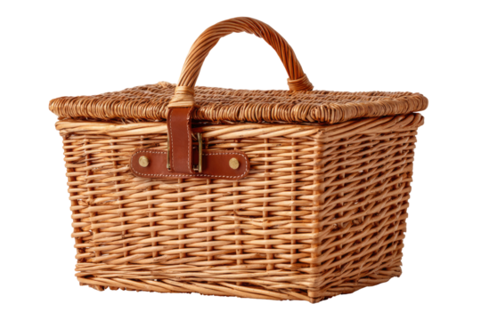 Rectangular woven picnic basket.  Light brown wicker, leather handles.  Simple, classic design