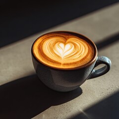 Cappuccino with heartshaped latte art in a gray cup partially shaded on a table
