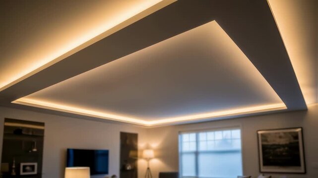 Wide angle view of a living room ceiling featuring newly installed LED cove lighting highlighting ambient illumination and sleek interior design.