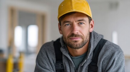 A focused construction worker wearing a yellow cap and gray sweater, posing indoors at a construction site, showcasing determination and professionalism.