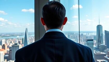 Obraz na płótnie Canvas Back view of a figure in business attire gazing at cityscape from modern skyscraper, high-rise, technology