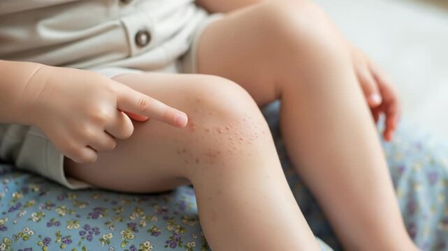 A childs finger points to a cluster of small red bumps on their knee, highlighting a skin condition