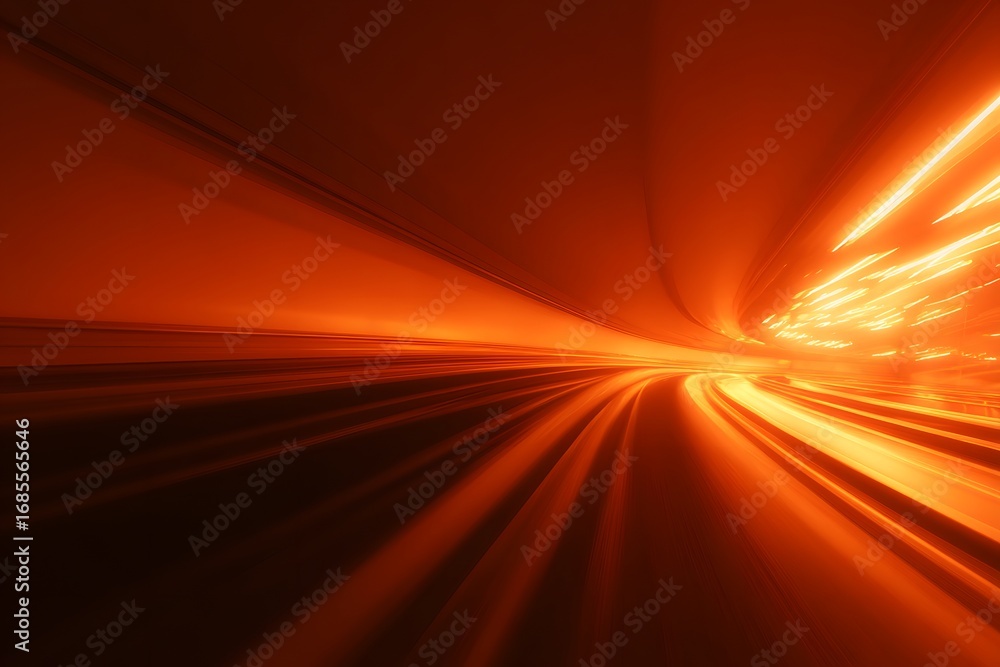 Poster a red and orange background with blurred light beams moving from left to right,