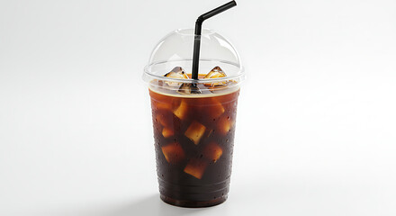 Refreshing Iced Coffee in a Clear Plastic Cup with Straw Ready to Quench Your Thirst on a Hot Summer Day