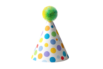 A conical party hat featuring vibrant polka dots