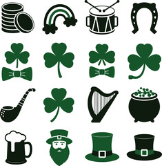 St Patricks Day Icons Green And Black On White Background vector illustration