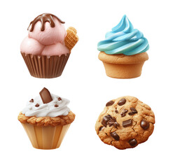 Four delectable treats cupcakes with frosting and ice cream, and a chocolate chip cookie