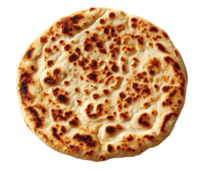 Round, baked flatbread with uneven, golden-brown crust