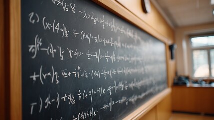 A close-up view of complex mathematical equations written on a blackboard in a classroom, showcasing an academic environment.