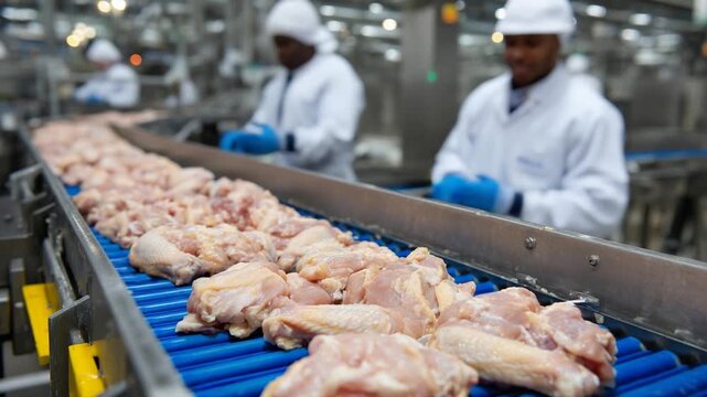 State-of-the-art meat processing plant efficiently handles chicken wings and thighs, ensuring top hygiene with vigilant staff in white uniforms.