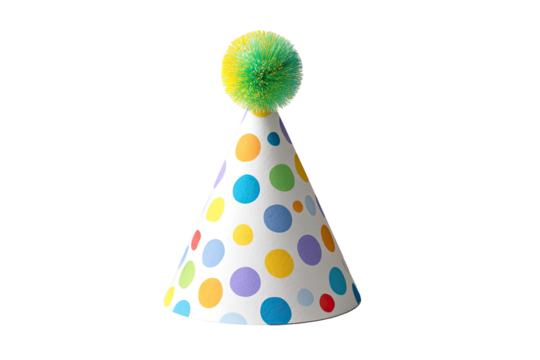 A conical party hat featuring vibrant polka dots