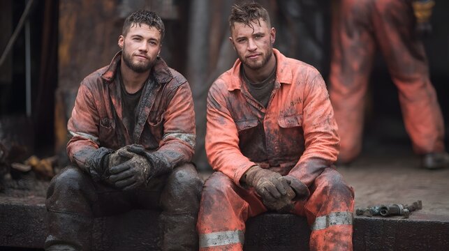 Two hardworking male industrial workers covered in dirt and wearing orange coveralls sit for a brief break at their demanding job site
