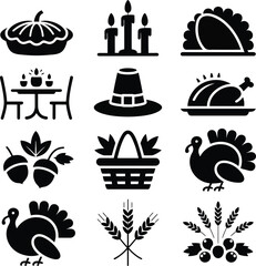 Thanksgiving Holiday Icons in Black Silhouette turkey pumpkin pie