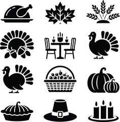 Thanksgiving Holiday Icons Featuring Turkey Pie And Harvest Symbols pumpkin
