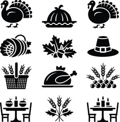 Thanksgiving Icons Collection With Turkeys Pies And Harvest Symbols cornucopia pilgrim hat