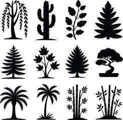 Twelve black silhouettes of trees and plants on a white background nature flora