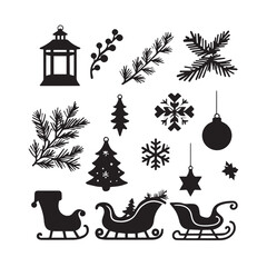 Vector art of assortment of black christmas silhouette icons featuring sleighs, lanterns, snowflakes, and pine branches