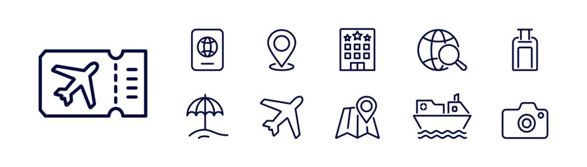 Travel outline icon set, vector pack of tourism and vacation symbols. Vector