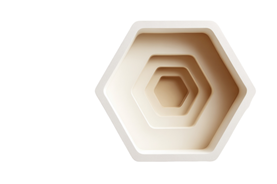 Abstract hexagonal design.  Layered, recessed hexagons create a tunnel effect