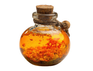 Ornate amber glass bottle with floating organic formations