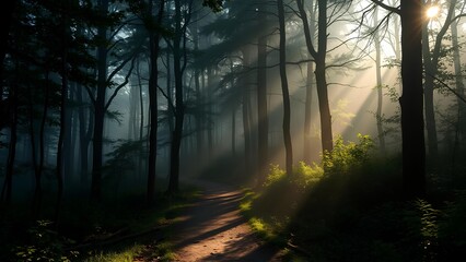 Obraz premium Misty forest trail in morning light