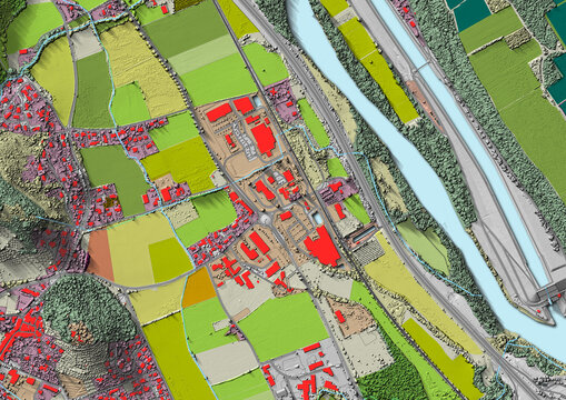 Concept de fond g&eacute;ographique - Donn&eacute;es lidar HD - Vue a&eacute;rienne de la topographie et occupation du sol d'un territoire - Rendu 2d mod&egrave;le num&eacute;rique de terrain et nuage de points Lidar HD