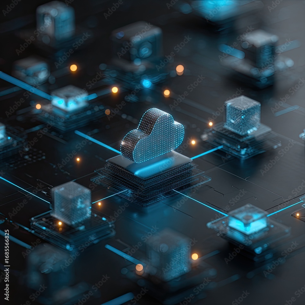 Poster cloud computing grid featuring a prominent cloud symbol on layered hardware