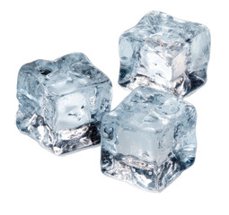 Three ice cubes, clear and frosty, stacked slightly off-center