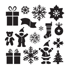 Vector art of assortment of christmas symbols featuring snowflakes, gift boxes, teddy bear, santa claus, christmas tree, and stocking