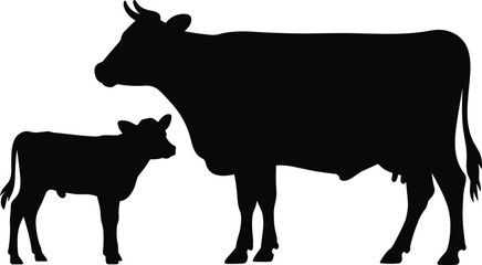 Silhouette of cow and calf, farm animal vector illustration, domestic livestock artwork, mother and baby cow graphic for rural agricultural design