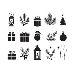 Vector art of assortment of christmas elements in silhouette including lanterns, pine branches, gifts, santa claus face, bauble, and stars, isolated on a