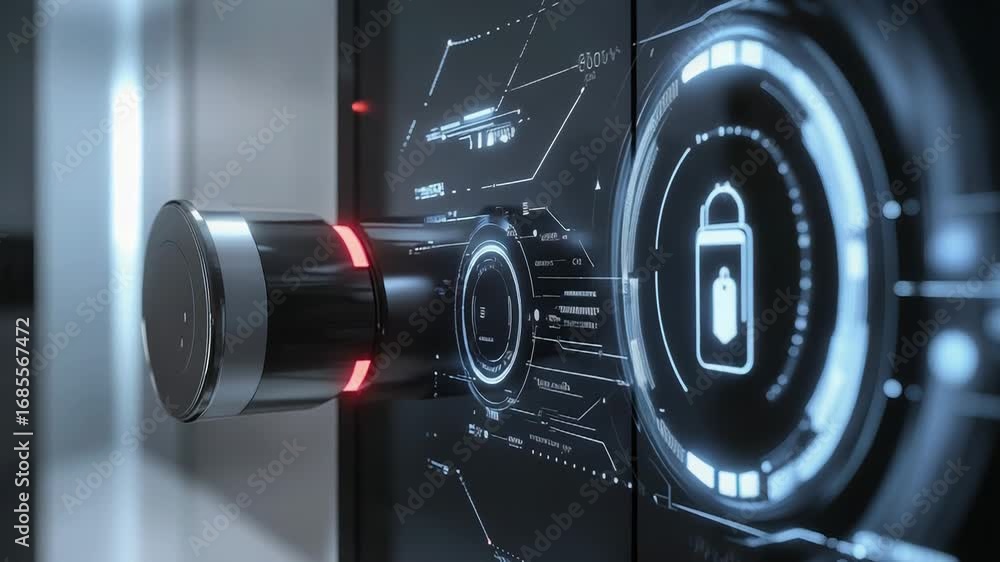 Poster futuristic smart lock system displaying security information on technological interface