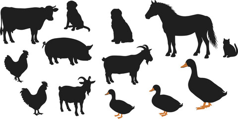 Farm animal silhouette vector collection with cow, horse, pig, goat, chicken, rooster, duck, cat, dog, countryside livestock illustration, agriculture design