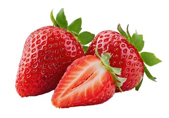 Two whole and one sliced strawberry, vibrant red, with green leaves