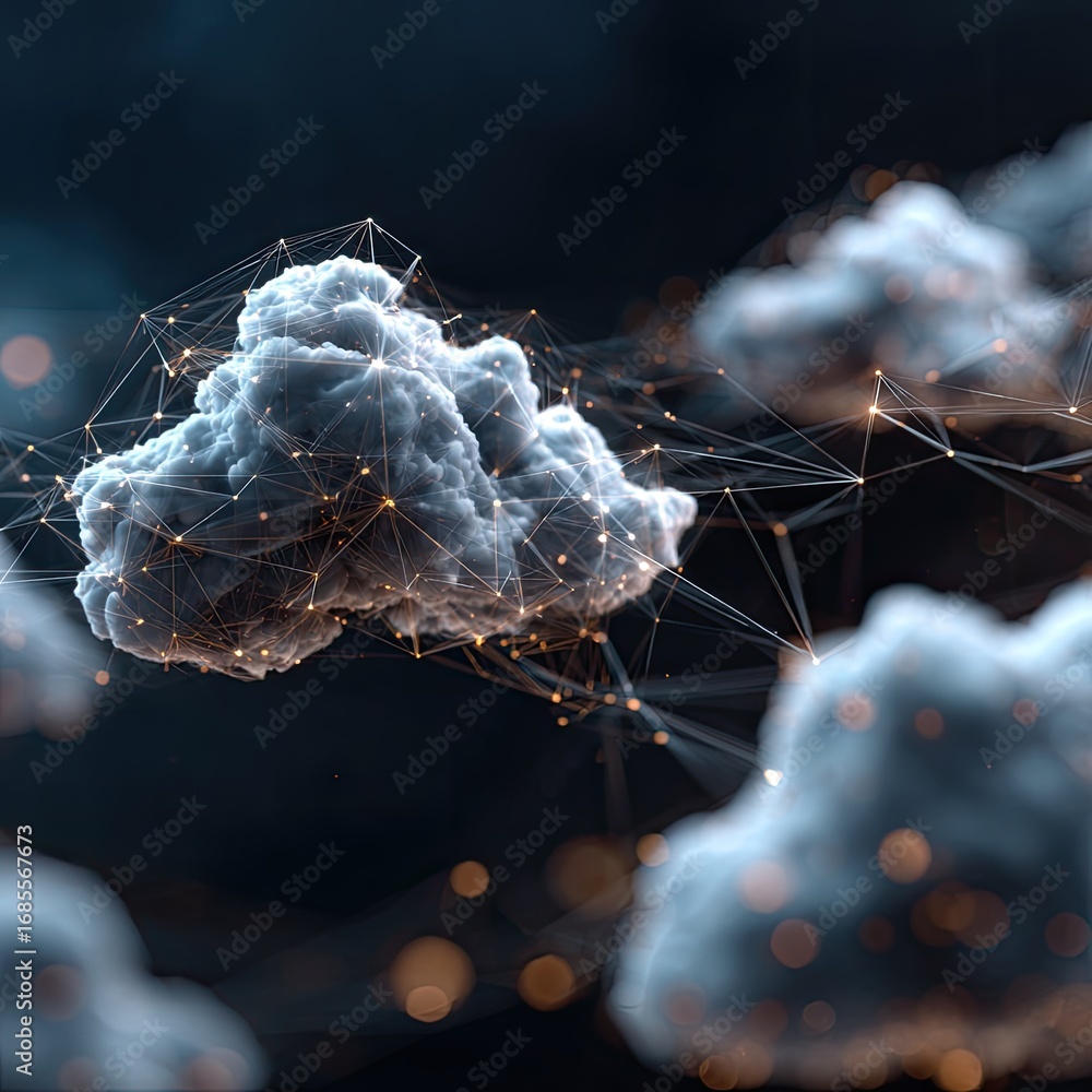 Poster cloudy shapes interconnected with line grid glowing particles at intersections