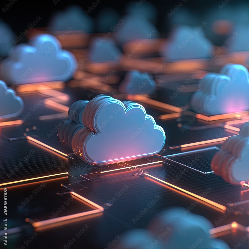 Poster clouds rest on a gridlike surface with glowing orange lines in a dark setting