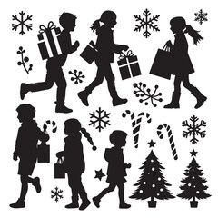Vector art of black silhouette of children carrying christmas gifts and shopping bags with festive elements like snowflakes, candy canes, and trees