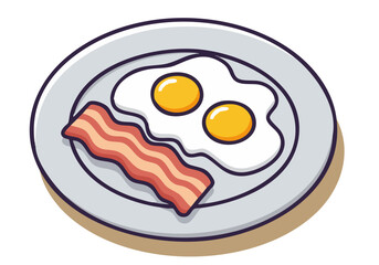 A charming breakfast icon featuring fried eggs and bacon on a plate. Simple, flat design with a pastel purple background. Perfect for apps, websites, and digital marketing.