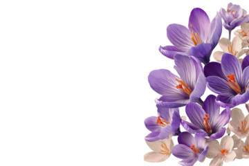 Purple and cream crocuses cluster, black background