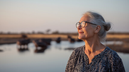 Woman enjoying serene moment near water at sunset with hippos in the background