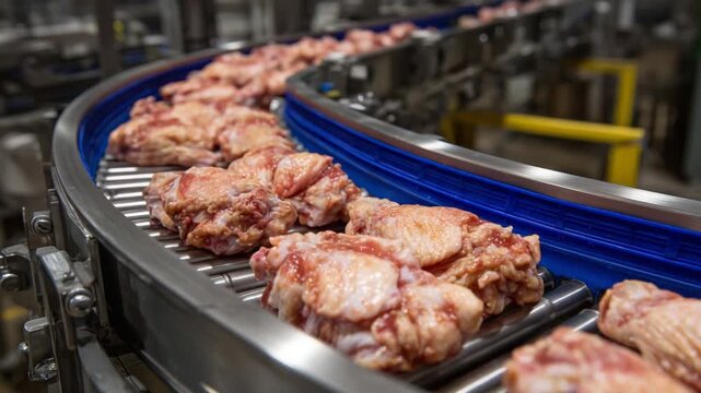 Efficient conveyor belts and robotic packers ensure sanitized, portioned chicken wings and thighs are securely packaged.