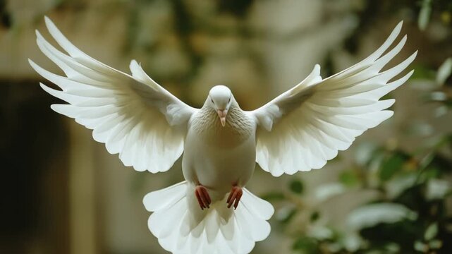 A white dove spreads its wings as it soars through the air, a symbol of peace and freedom