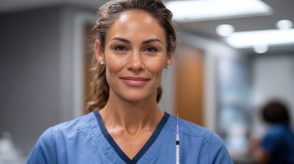 A confident healthcare professional in scrubs holding a syringe in a clinical environment, ready for patient care. The mood is professional and caring.