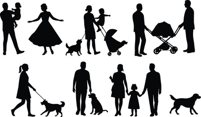 Obraz premium Silhouette vector of family activities with children and dogs, parents walking, playing, holding hands, stroller, outdoor lifestyle, love, parenting, bonding illustration