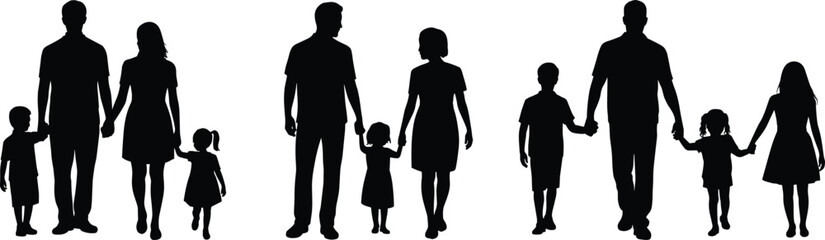 Silhouette vector of parents and children walking together, holding hands, family bonding, love, parenting, unity, lifestyle, outdoor activities, happiness illustration design