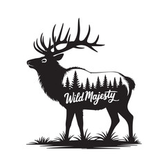 Elk Silhouette with Double Exposure Forest and Wild Majesty Text