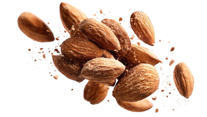 Almonds in mid-air, surrounded by shattered pieces