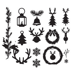 Vector art of collection of black christmas silhouette icons including trees, reindeer, snowflakes, lanterns, and wreaths