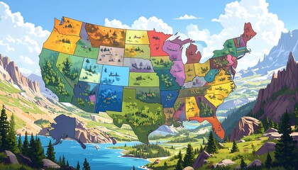 Colorful map of the USA with scenic backdrop