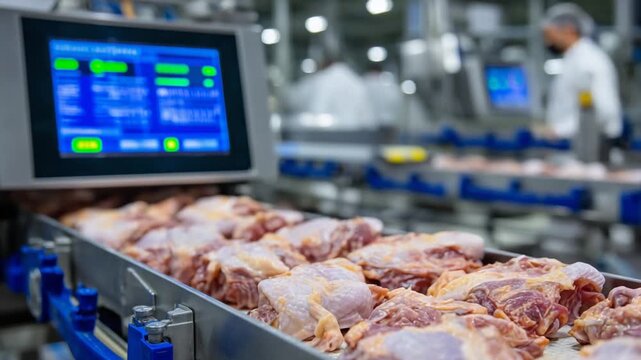 Automated scanners in a pristine facility analyze trimmed chicken parts, with digital displays showing real-time production data.